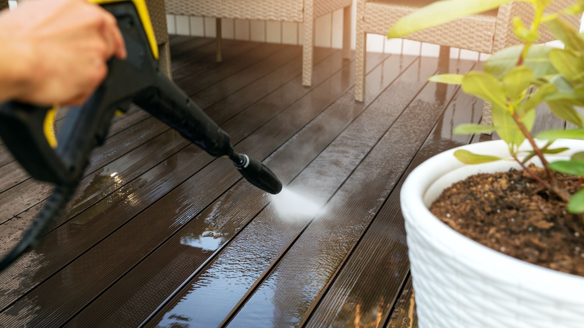 up close view of professional pressure washing deck